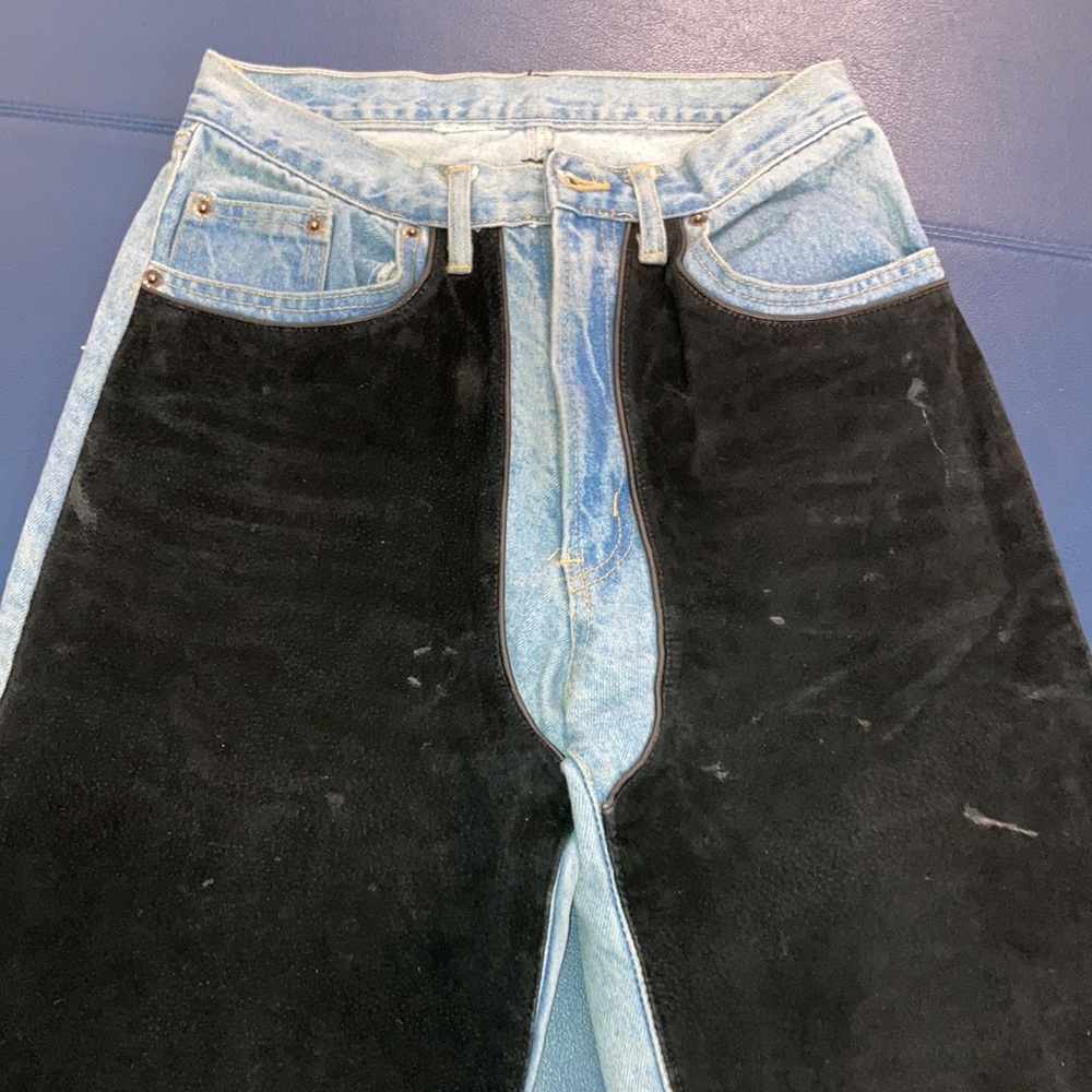 SUPER BAD A$$ vintage 80s high waist NO STRETCH jeans black suede chaps RARE - Picture 3 of 9